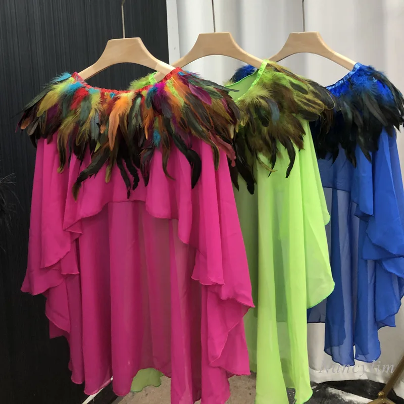 

Sun Protection Shawl Cape Women's Summer Color Feather Top Loose Pullover Overclothes Chiffon Ethnic Style Blouses Street Blusas