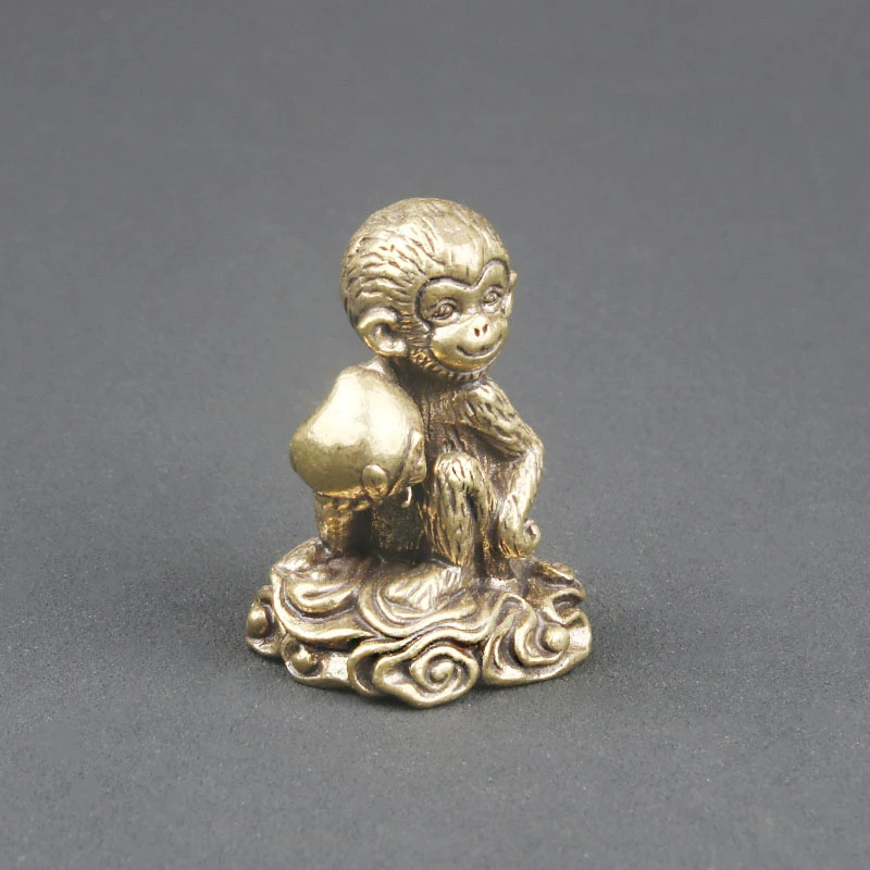 Vintage Brass Offering Peaches Desktop Ornament, Zodiac Monkey Bronze Sculpture Craft, Decorative Tea Pet, Wholesale