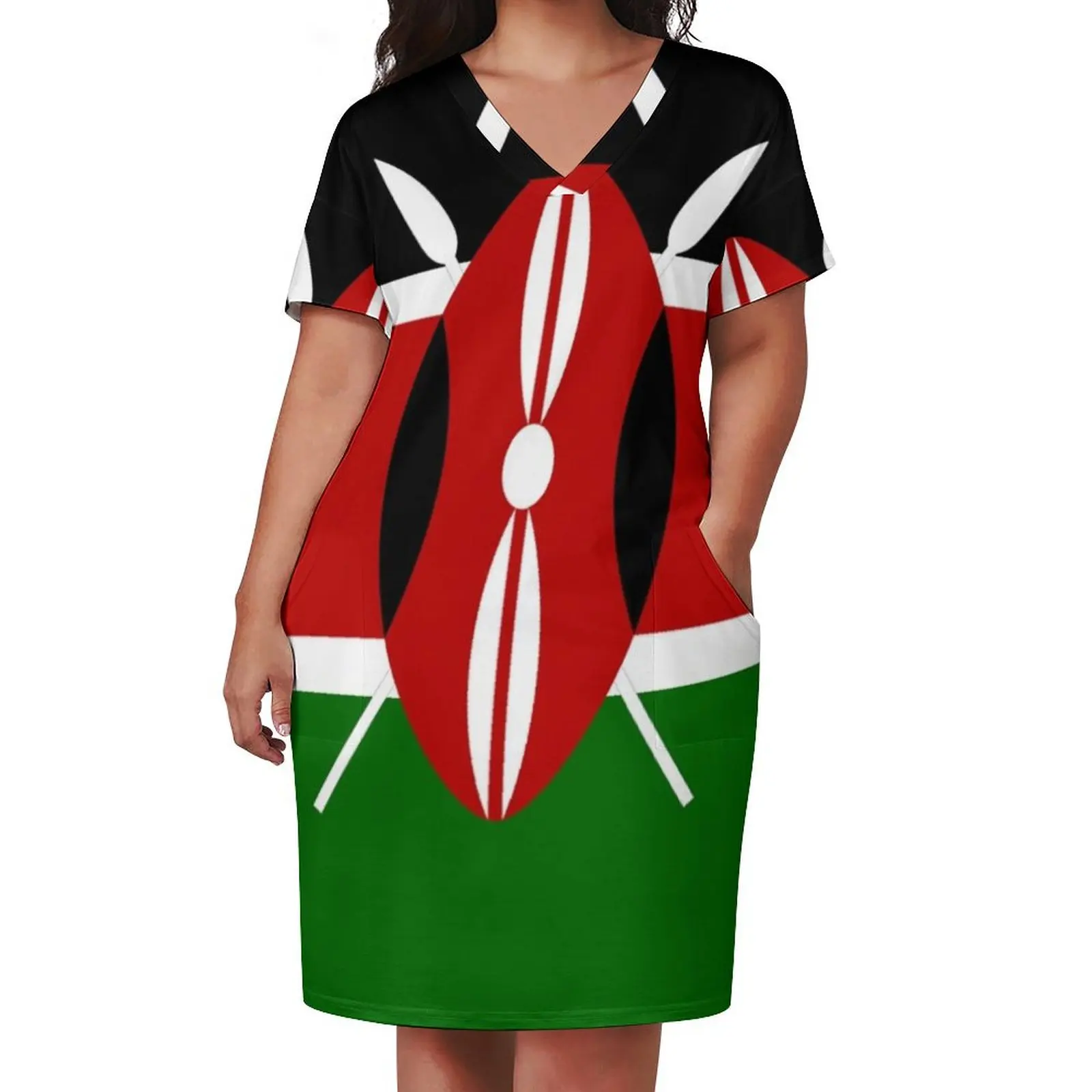 Kenya Flag T-Shirt - Kenyan Nairobi Sticker Loose Pocket Dress summer women