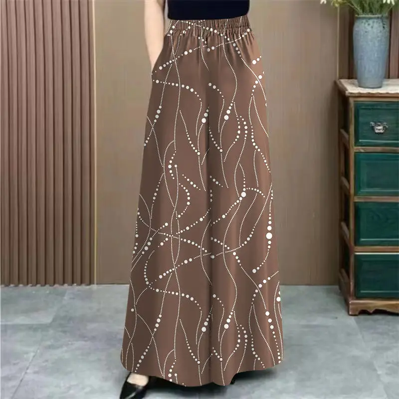 Ice Silk Floral Wide-leg  in Summer New High-waisted Slim Casual Temperament Mother Pants Skirt