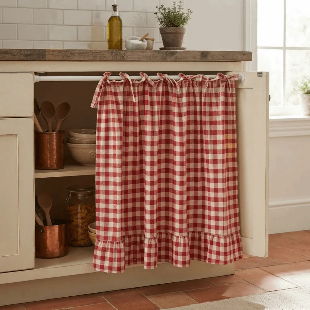 Ruffled Edge Farmhouse Plaid Kitchen Oven Skirt Cotton with Tie Ribbon Kitchen Cabinet Curtain No Drilling Half Door Curtain