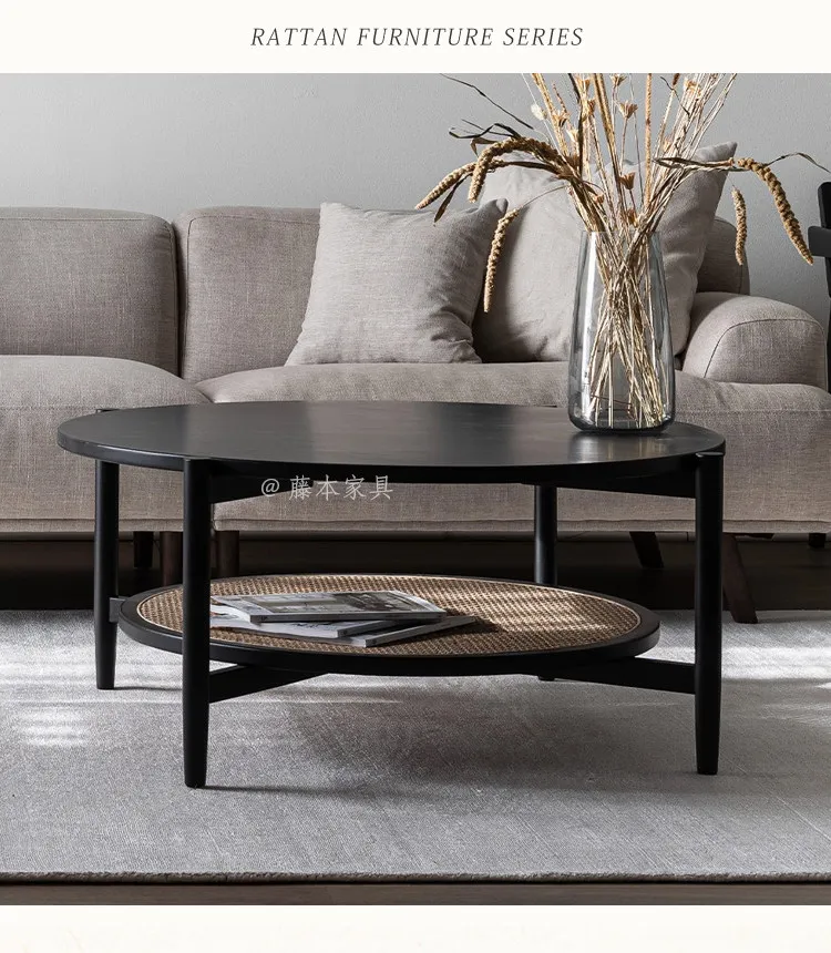 LH1  solid wood coffee table round rattan living room casual black home modern simplicity