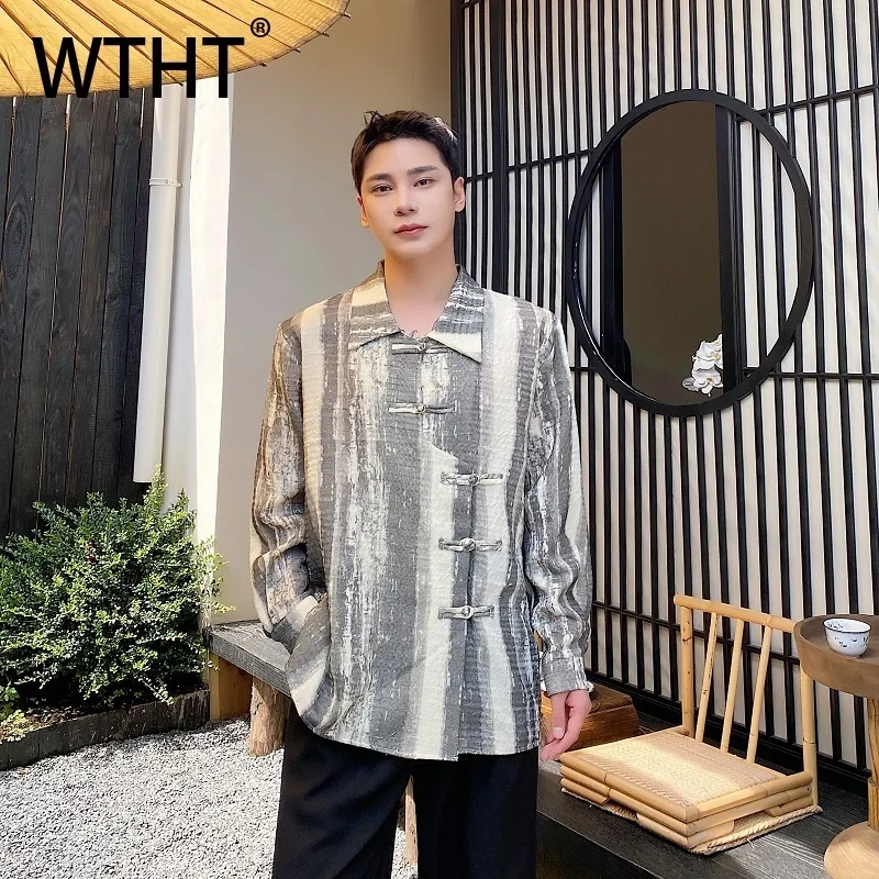 

WTHT винтажные мужские пальто с принтом и пряжкой в китайском стиле, модные свободные топы с лацканами и длинными рукавами, мужские осень 2023, 2A1972