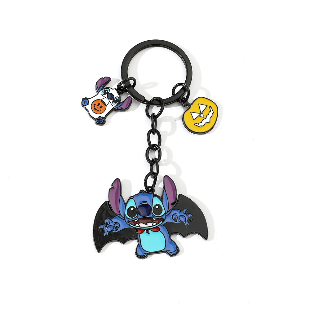 Disney Stitch Pooh Bear Keychain with Bat Wings Halloween Metal Key Ring Pendant Jewelry Cute Male Gift Backpack Decoration