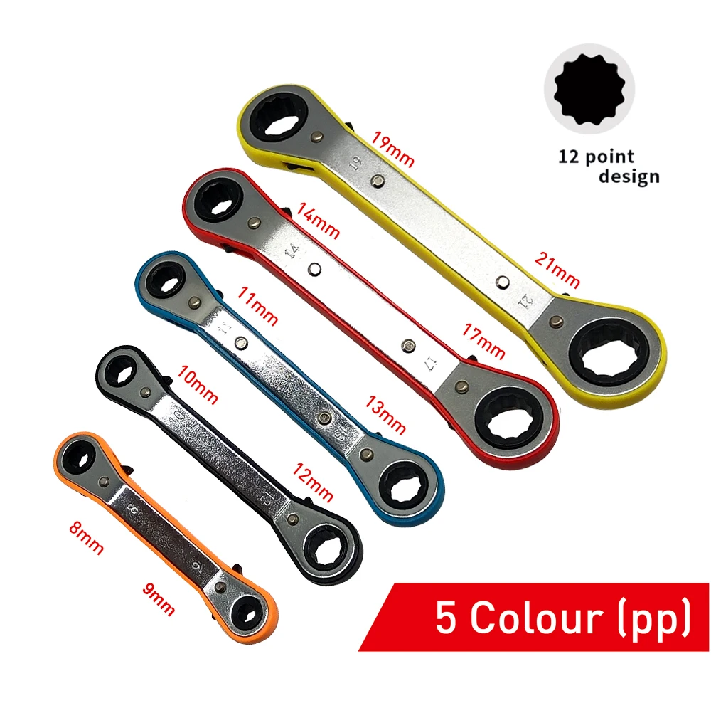 Colorful Metric Offset Ratcheting Wrench Set Double Sided Refrigeration Ratchet Hand Tools for Home , 5 Piece