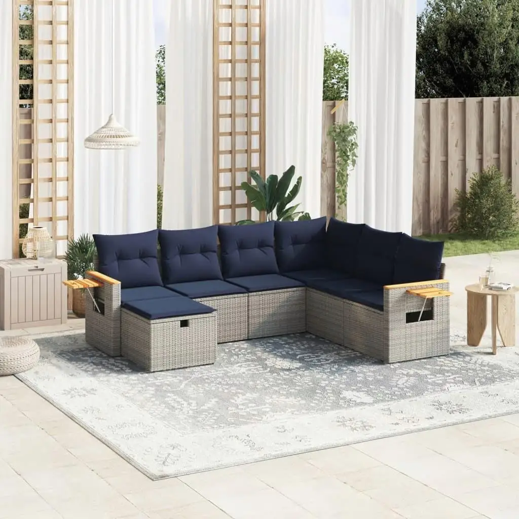 

7 Piece Outdoor Patio Sofa Set with Cushions Gray Poly Rattan Modern Garden Furniture