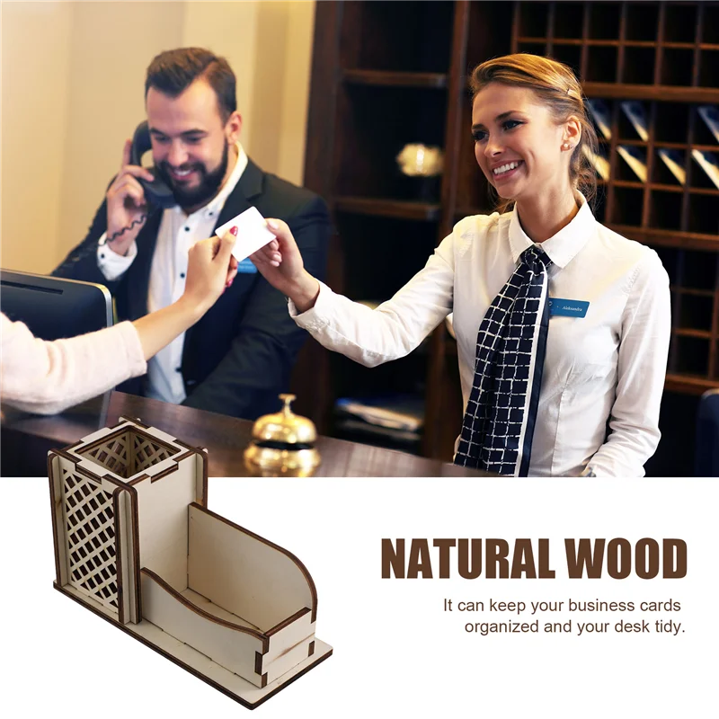 

J1UL1N Wood Business Card Holder With Pen Slot Business Card Stand For Desk Wooden Display Office Tabletop