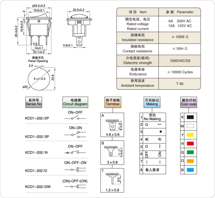 Packung mit 5 Stück 20-mm-runden Schalterknöpfen, 4/3/2-polig, zweistellig/dreistellig, KCD1-Schalter für kleine Elektroboote mit Leuchtfunktion. – Detail 3