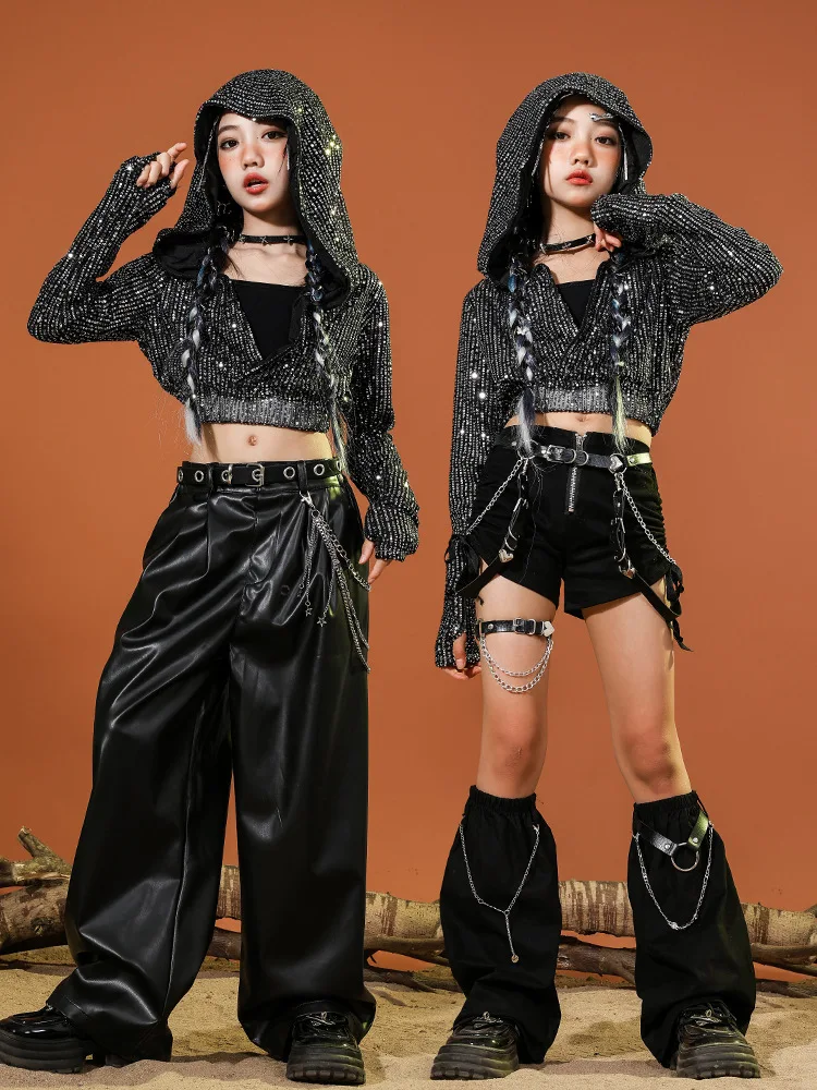 หญิงแจ๊สHip Hop Danceเครื่องแต่งกายเลื่อมHooded Jacketกางเกงหนังเด็กHoodieกางเกงขาสั้นชุดเวทีแฟชั่นแสดงเสื้อผ้า