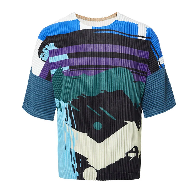 Short O-neck Sleeve Graffiti Japanese Streetwear Fashion T-shirt Loose Pleated Abstract Print Trend Elastic Tee Tops 2Y8373