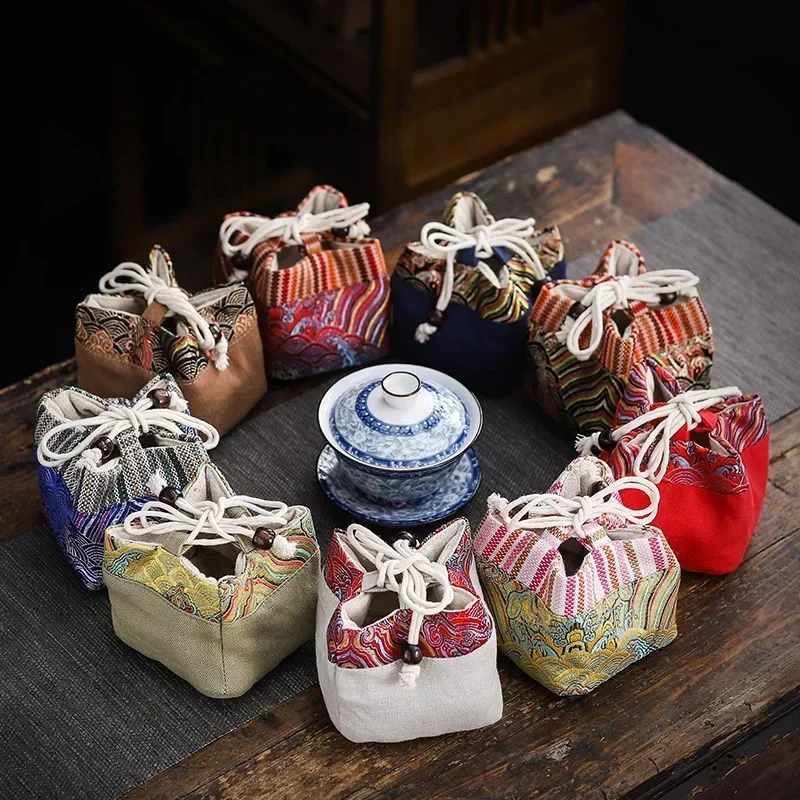 Vintage Teaware Storage Bag Outdoor Travel Ceramic Teacups Cotton and Linen Drawstring Cloth Bags Kung Fu Tea Accessories