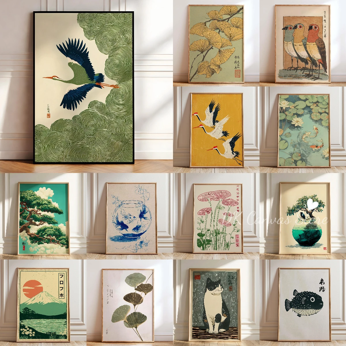 Japanische Retro Ukiyo-e Kranich-Leinwanddrucke Poster Japandi Vintage Abstrakte Zen-Kunstdrucke Wohnzimmer Wandkunst Heim-Dekor Poster