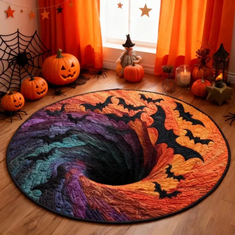 Round Halloween Bat Vortex Illusion Rug Pumpkin Witch Party Decor Carpet For Living Room Bedroom Spooky Holiday Home Decor