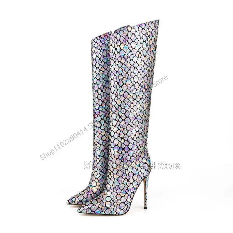 

Colorful Fish Scale Print Pointed Toe Boots Side Zipper Women Shoes Thin High Heels Sexy Fashion Runway 2023 Zapatos Para Mujere