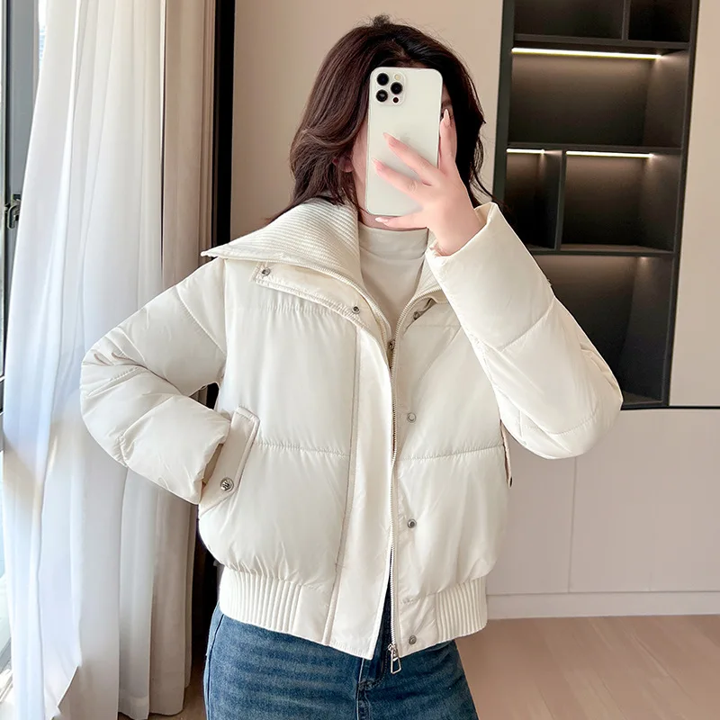 Women Parkas Overcoat Short Coat Solid Zipper Long Sleeve Turn Down Collar Straight Loose Fit Office Lady Casual Winter 2025