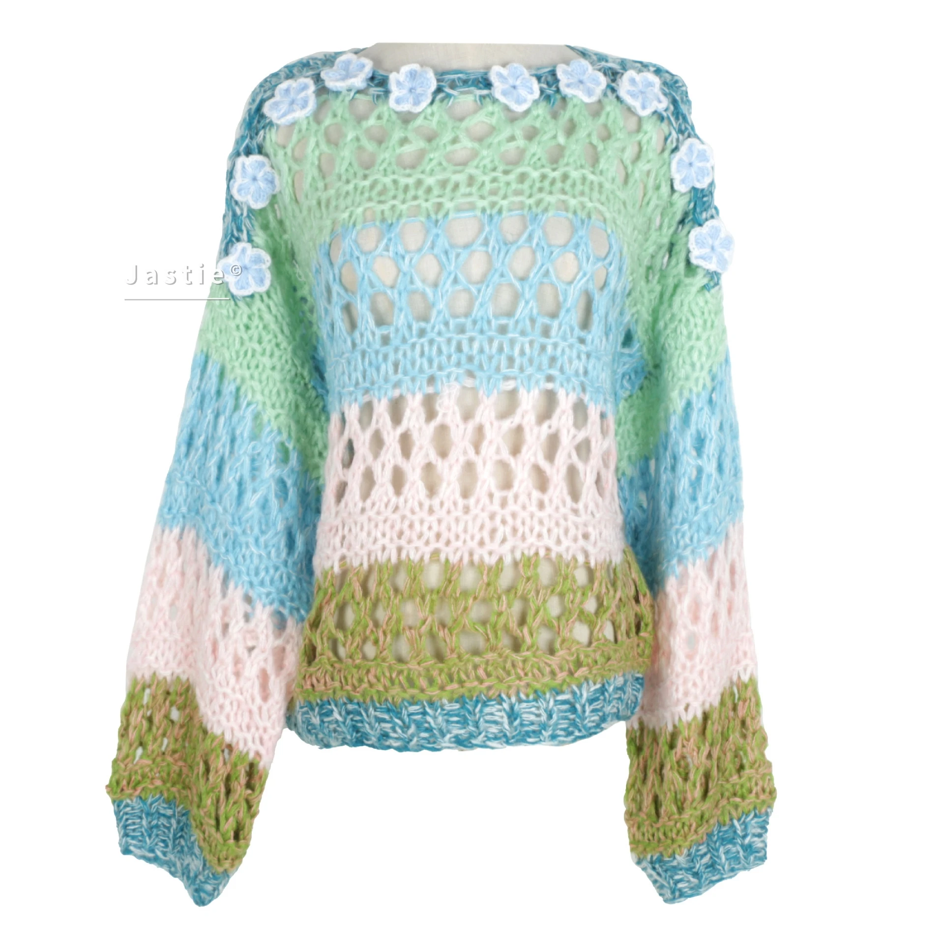 Women Striped Crochet Sweater 3D Floral Applique Hollow Out Pullover Chunky Knit Loose Y2K Fairycore Kawaii Korean Fashion Top
