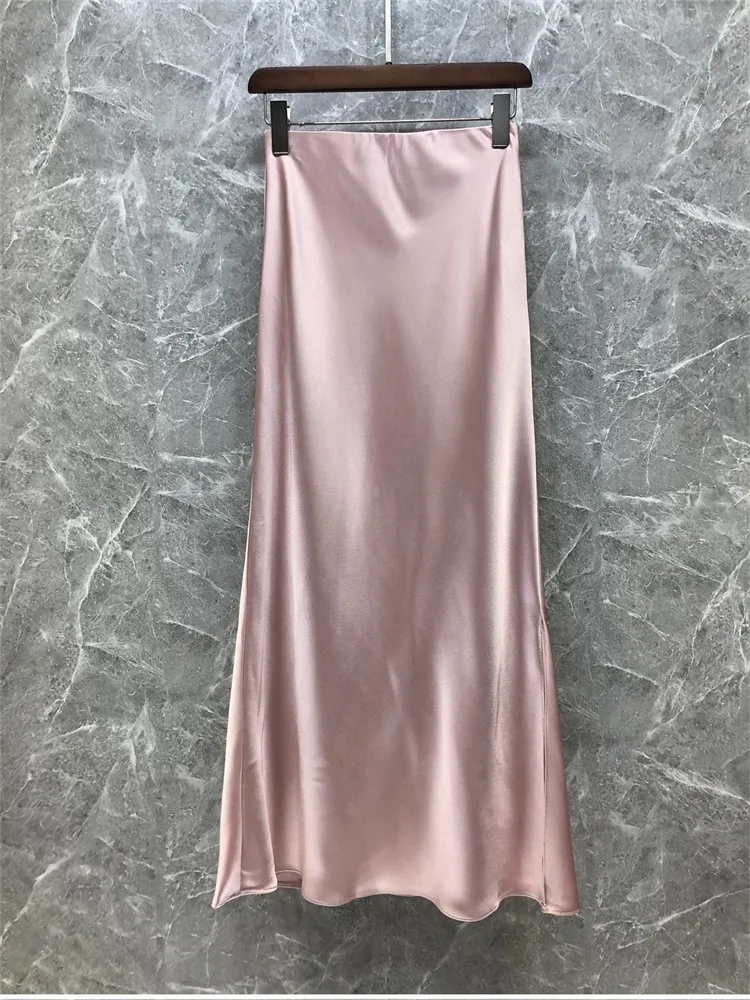 

Modern High Waist Acetate Satin Split A-Line Midi Skirt Women Summer Elegant Shiny Half-length Skirts Casual High Waist