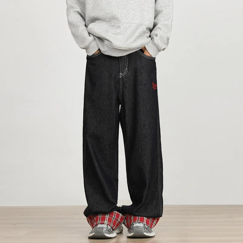 2026 Ropa Y2K Fashion Red Plaid Patchwork Baggy New Jeans Pants For Men Designer Clothes Straight Hip Hop Luxury Long Trousers