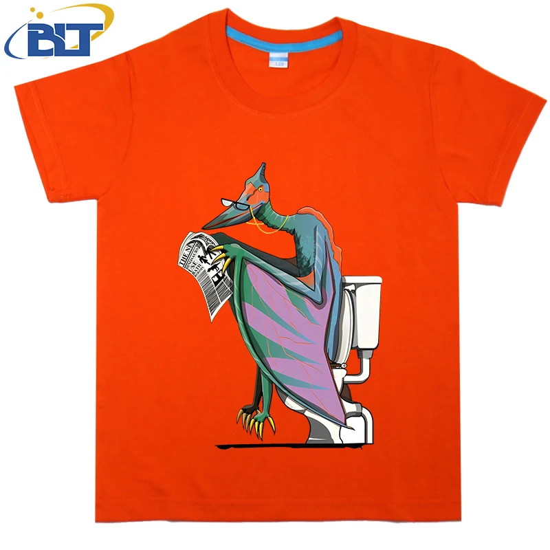 Dinosaurus Pterodactyl pada Toilet dicetak anak-anak T-shirt musim panas katun lengan pendek kasual top cocok untuk anak laki-laki dan perempuan