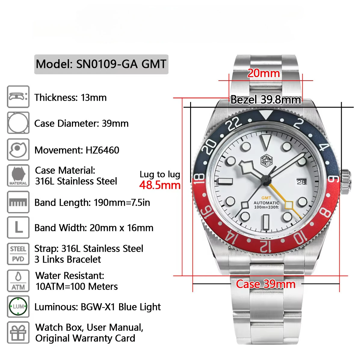 San Martin New Upgraded 39mm HZ6460 GMT Men Luxury Watch Classic Business Automatic Mechanical Sapphire 100M Waterproof  SN0109