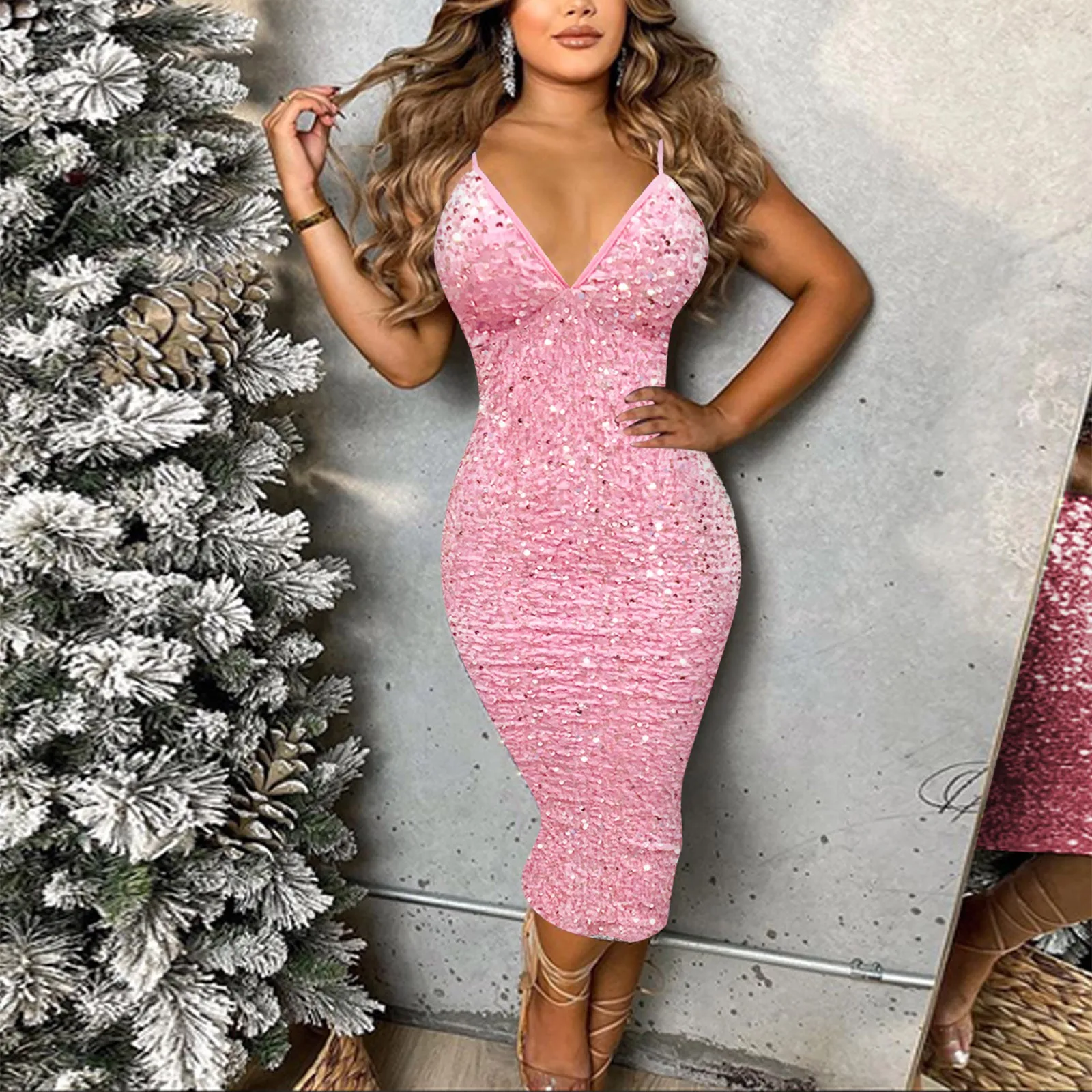 Cocktail Dress For Women 2024 Spaghetti Strap Sleeveless Glitter Sparkly Sequins Slim Bodycon Clubwear Sexy Evening Party Dress