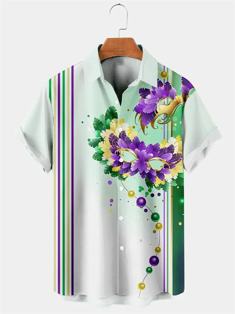 Men's Shirt Carnival Print Short Sleeve Shirt Mardi Gras Graphic Turndown Short Sleeve Shirt Hawaii Party Comfortable Shirts