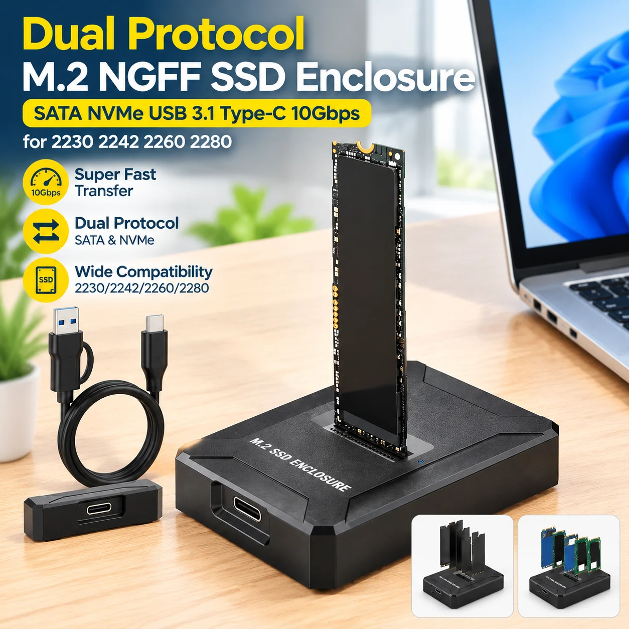 Dual Protocol M.2 NGFF SSD Enclosure SATA NVMe USB 3.1 Type-C 10Gbps External Drive Case for 2230 2242 2260 2280