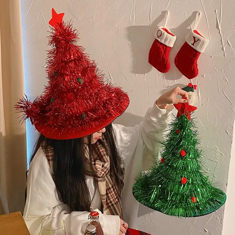 

Colorful Christmas Tree Hats Silk Tinsel Ribbon Santa Hat for Adults Kids New Year Navidad Party Funny Costume Xmas Decoration