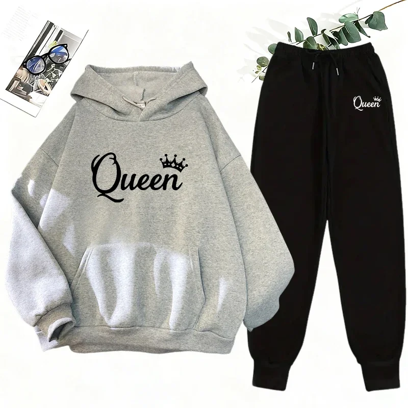 Women's 2 Piece Matching Set Queen Print Hoodie and Sweatpants Casual Street Style Outfit Autumn Winter Home Outdoor Sportswear