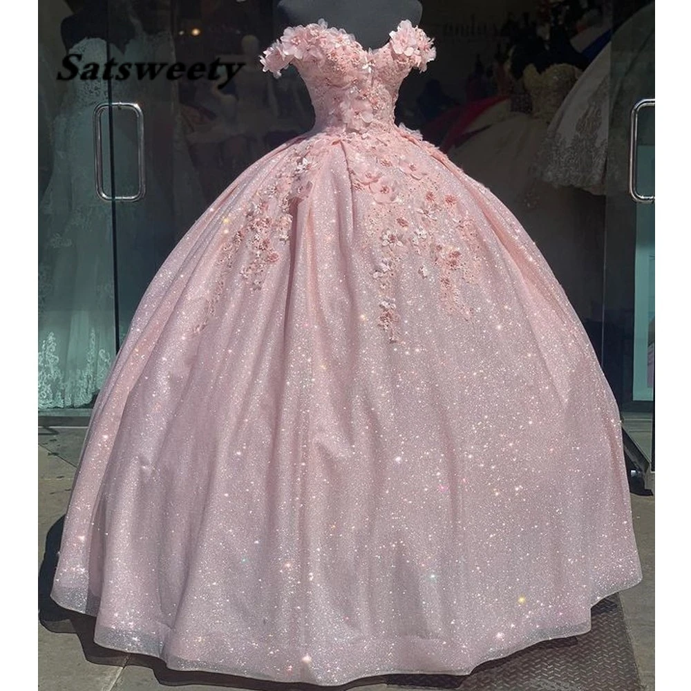 

Pink Sparkly Crystal 3D Flowers Quinceanera Dresses Ball Gown Off The Shoulder Appliques Sweet 15 Vestidos De XV Años