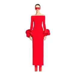 Customized Long Sleeve Red Crepe Evening Dresses with Slit فساتين سهرة Sheath Boat Neck Ankle Length Prom Dress for Women