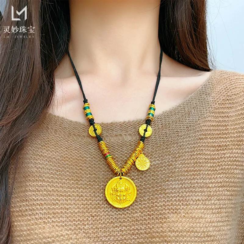 Viora Jewelry 9999 24K real gold gold store same style yellow treasure god disk necklace pendant money string solid sweater chai
