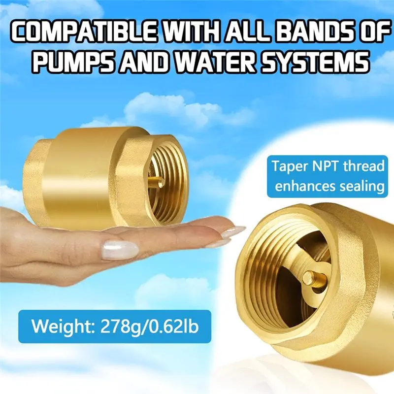 ABKS-2PCS NPT Female Thread Spring Check Valve, Solid Brass Non Return One Way Horizontal Check Valve For Well, Pump