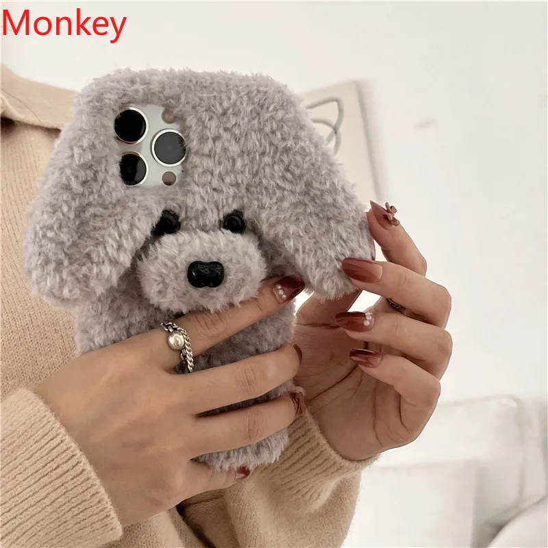 3D Cute Teddy Dog Fluffy Fur Phone Case For iPhone 16 Pro Max Case 15 14 13 12 11 pro XS max X XR Hair Fluff Toy Soft Back Cover