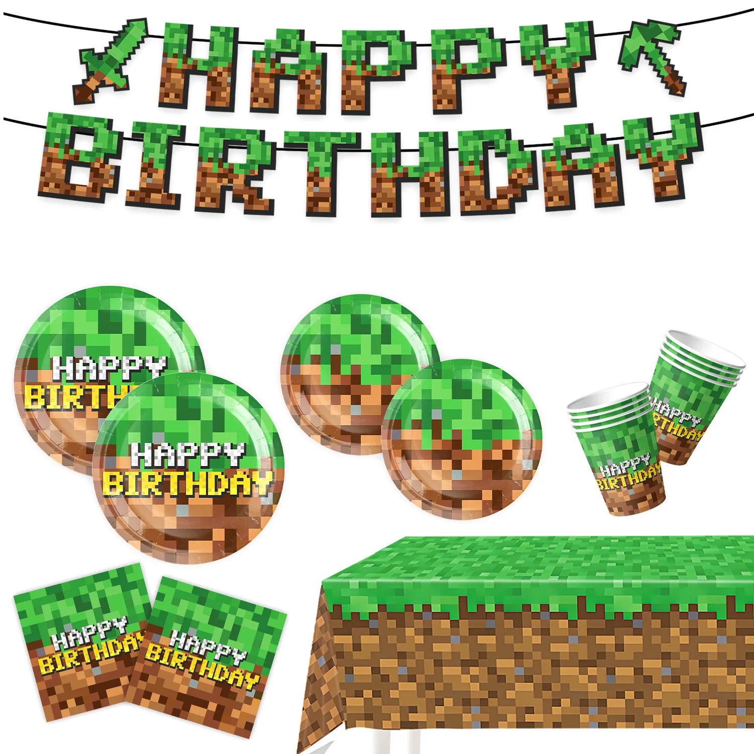 Minecraft Themed Birthday Party Supplies Disposable Dinnerware Set Banner Cake Topper Hanging Flag Hot Game Decorations view 2
