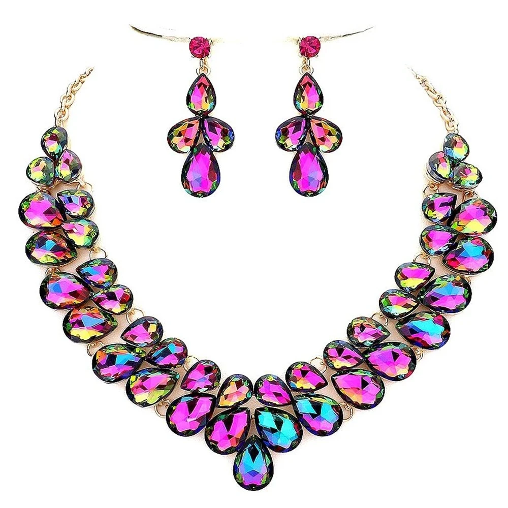 Stonefans Rhinestone Water Drop Necklace Earrings Set for Women Accessories Party Queen Large Statement Double Row Jewelry Set