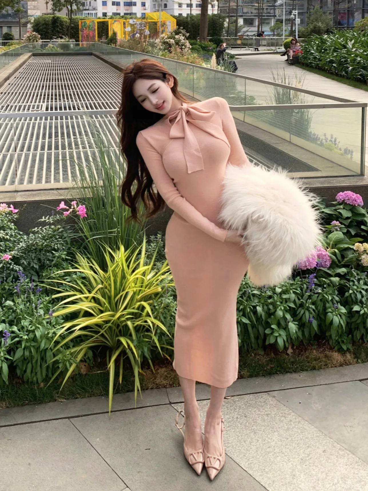 

Knot Knitted Dr Women's Autumn Winter Slimming Mid-Length Bodycon Dr Ele Feel Long Sve Crew Ne Dr