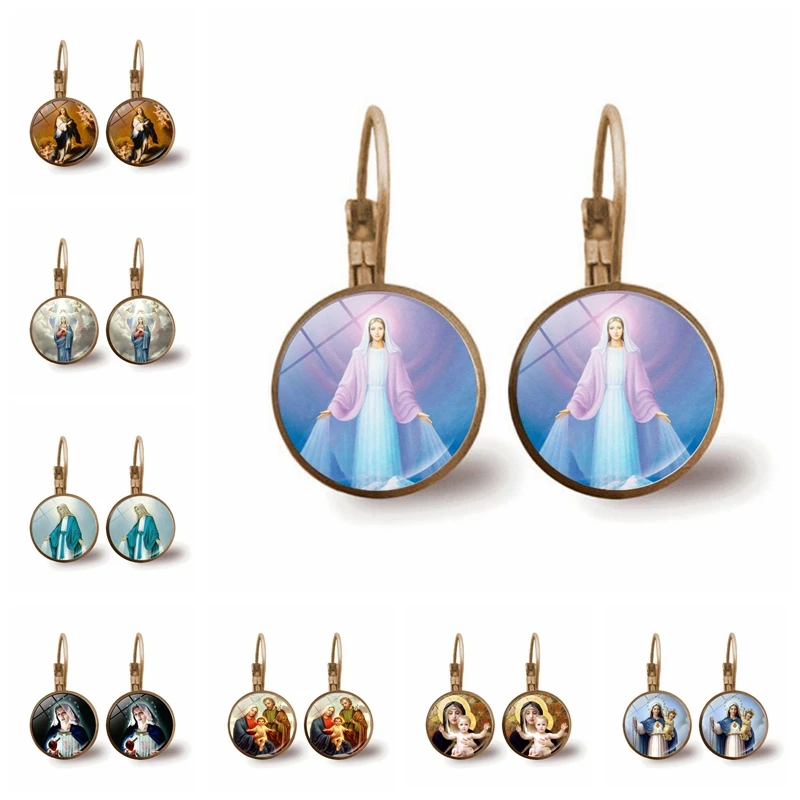 Classic Jewelry Glass Pendant Alloy Earrings Virgin Mary Earrings Vintage Versatile Jewelry Gifts for Family or Friends