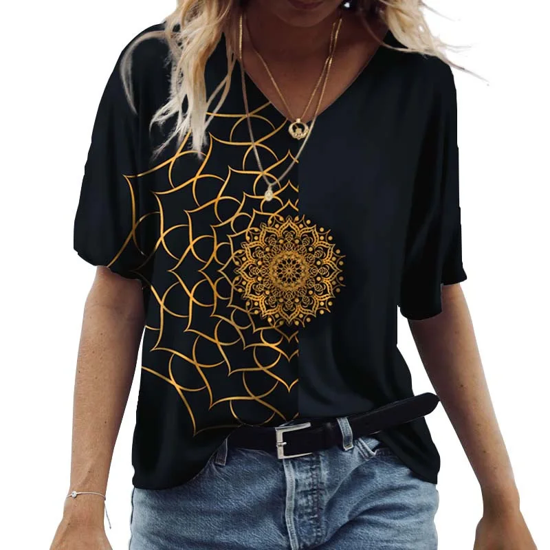 2024 Summer 5XL Women\'s T-Shirt Vintage Casual Black Fashion V Neck Pullover Short Sleeve Printed Loose Daily Tops Design Clothe