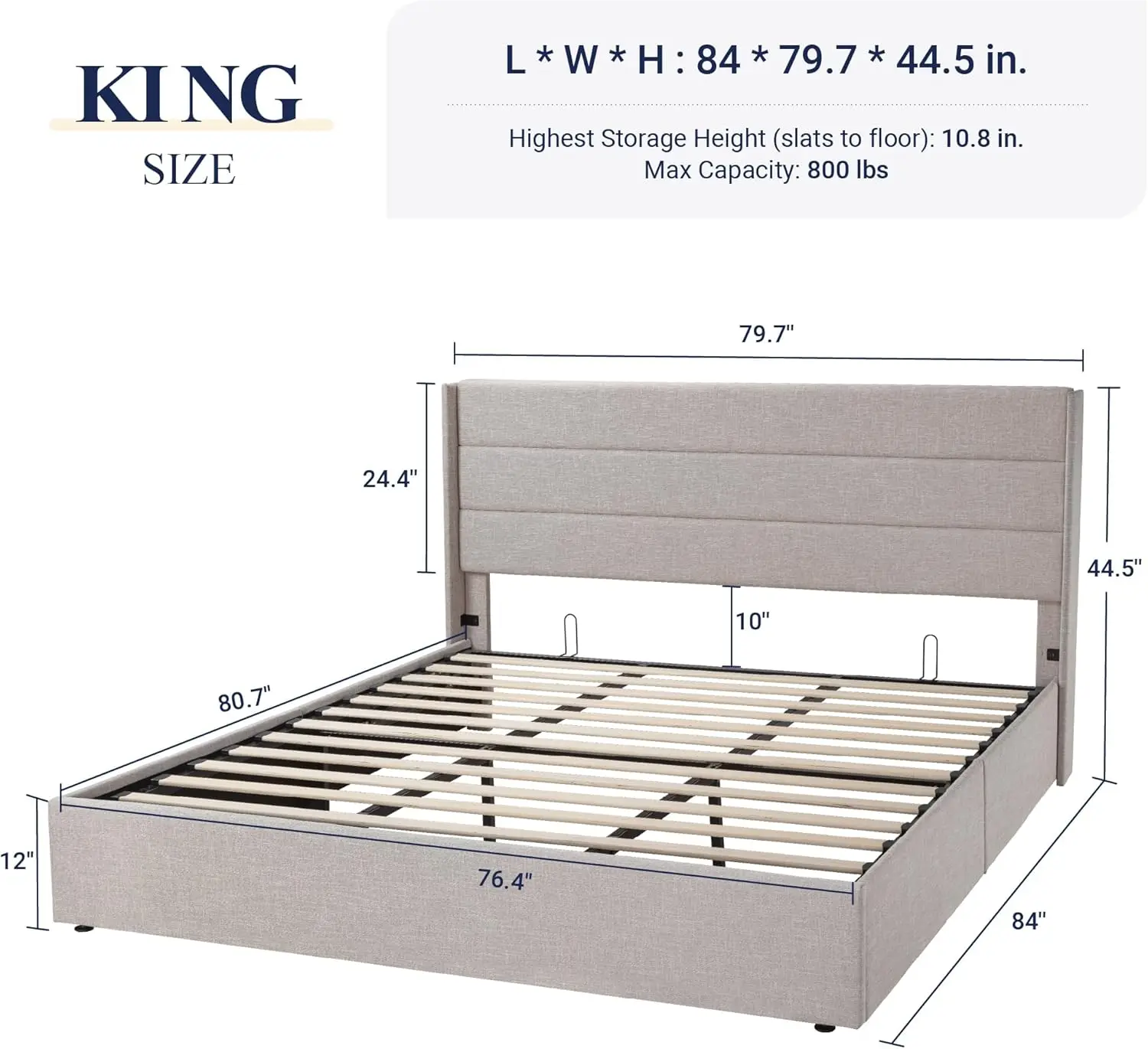 King Size Lift Up Storage Bed, Modern Wingback Headboard, No Box Spring Needed, Hydraulic Storage, Light Beige