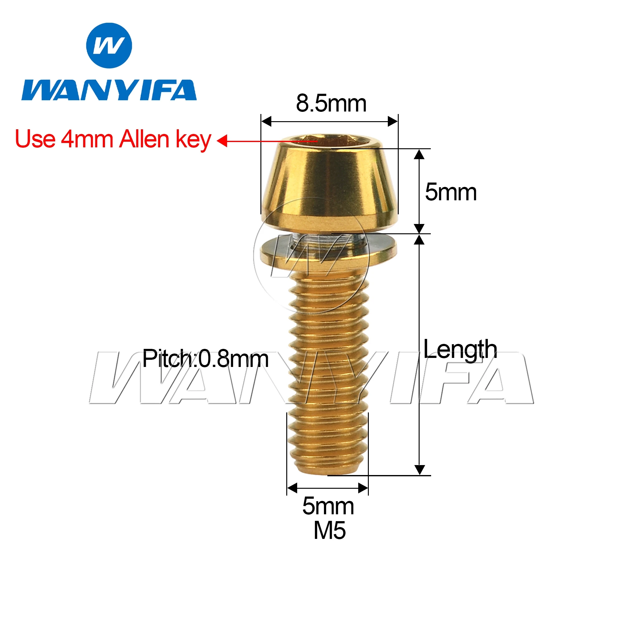 Wanyifa titânio ti m5x16mm m5x18mm m5x20mm para haste de bicicleta allen encanta parafuso de cabeça cônica com arruela