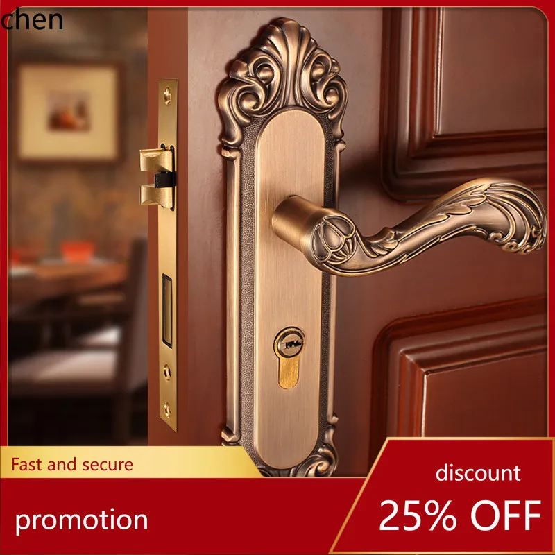 

H1 door lock universal indoor silent yellow bronze room wooden door lock handle chinoiserie imitation antique bronze