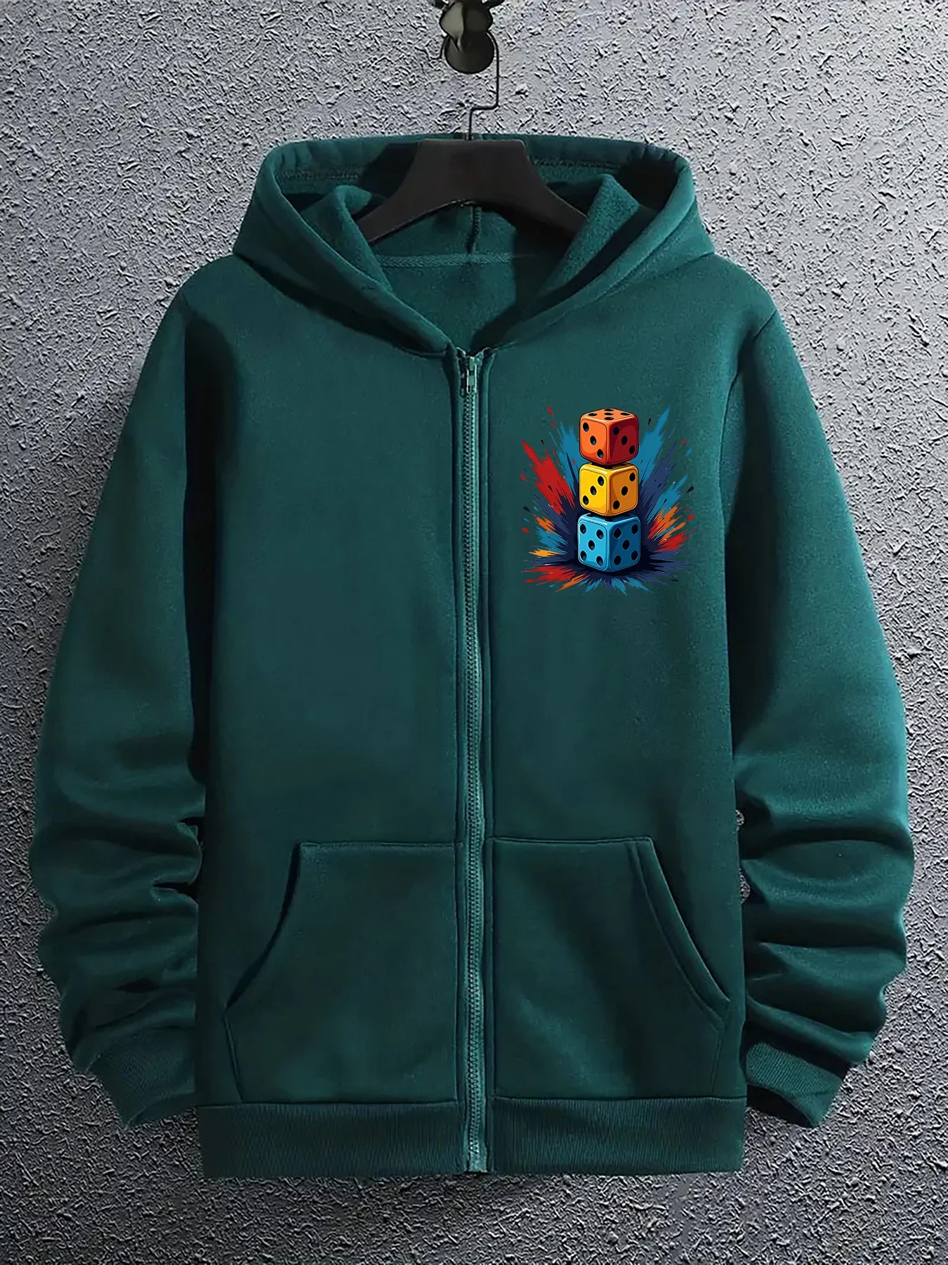 Men's and women's long sleeved loose zipper sweatshirt jacket, multi-color dice pattern print, warm and comfortable fabric
