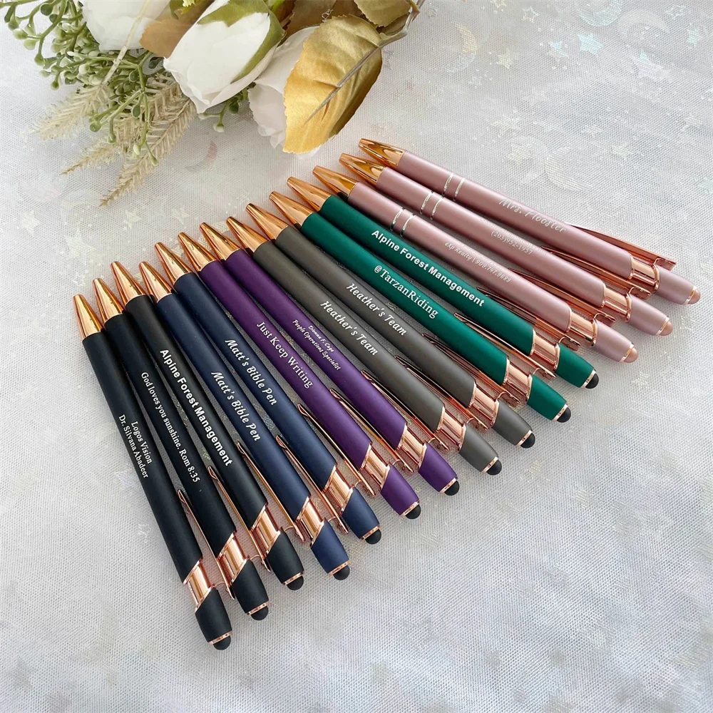 Personalized Rose Gold Pens, Rubberized Soft Touch Ballpoint Pen with Stylus Tip, Custom Engraved Business Pen, Bulk Custom Prom