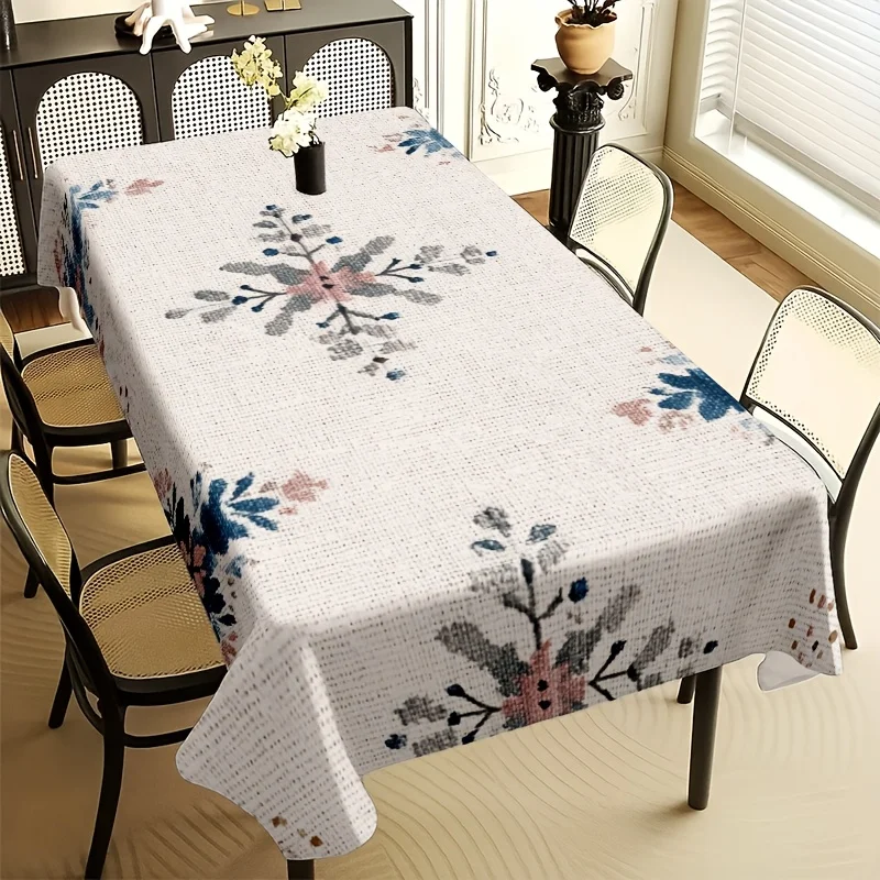 Vintage Blue Pink Floral Tablecloth, Linen Texture Watercolor Flower Print Rectangular Table Cover for Dining Kitchen Home Decor