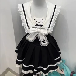 Japanese Preppy Style Lolita Dress Women Kawaii Bow Sailor Collar Cat Print Gothic Y2k Mini Dresses Harajuku Punk Backless Dress