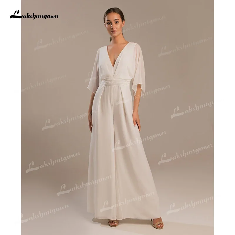 Simple V-Neck Half Batwing Sleeve Wedding Jumpsuit 2022 Chiffon Bridal Gown With Open Back Ankle-Length Sashes robe de mariée