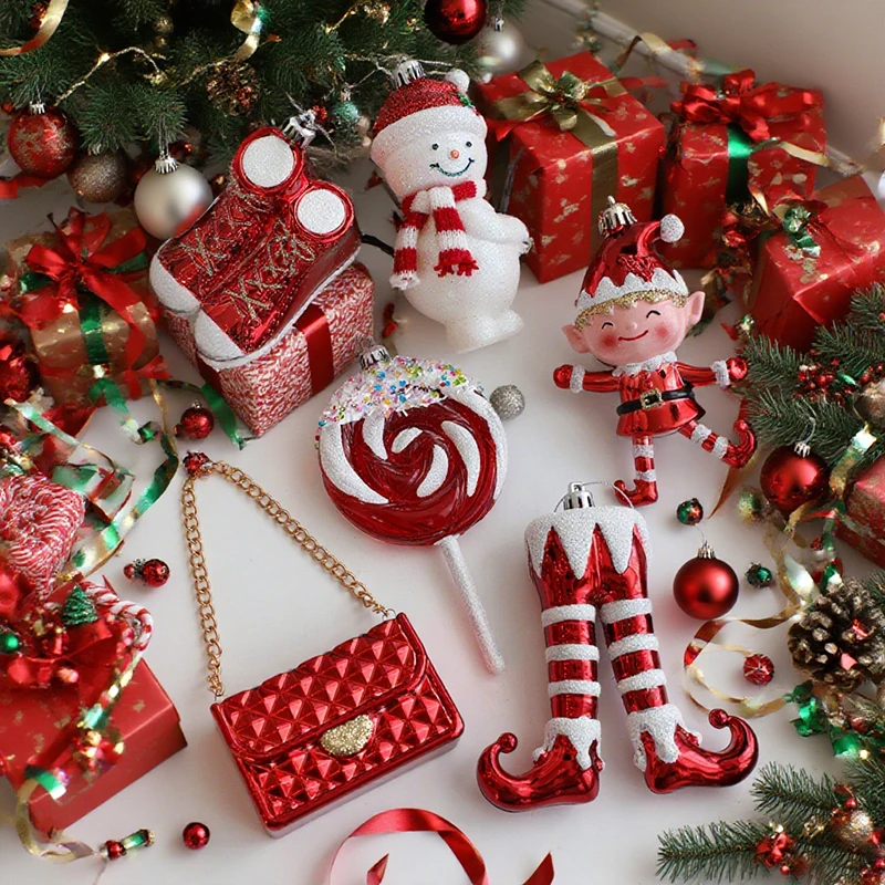 

2025 Christmas Hanging Red Ornaments Assortment Natal Sticky Poweder Snowman Lollipop Shoe for Xmas Tree Party Decor Easy Hang