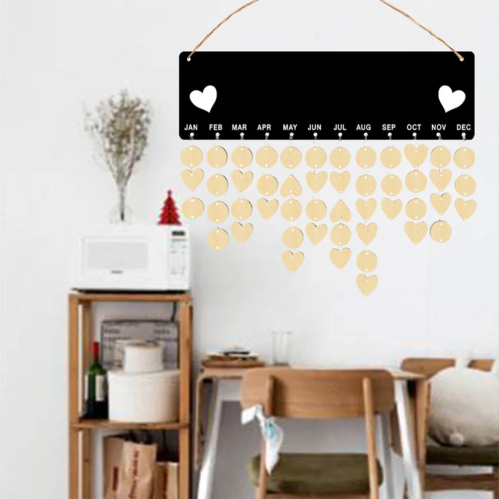 

1Set Wooden Birthday Calendar Wall Hanging Decoration Kit with Blank Round Love Heart Tags Family Reminder Board for Home Decor