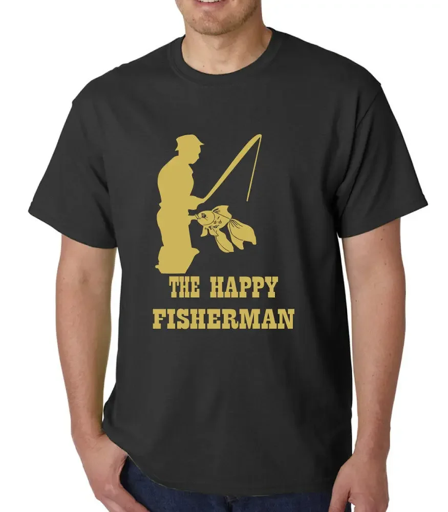 The Happy Fisherman. Anglers Birthday Gift Hipster T-Shirt 100% Cotton O-Neck Summer Short Sleeve Casual Mens T-shirt Size S-3XL